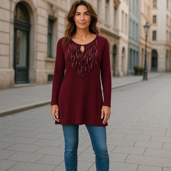 Reba Holiday Gems‎ Merlot Sweater Small Tassel Keyhole Front Studded NWT - Picture 1 of 9